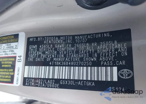 2008 Toyota Avalon Xls from USA, damaged, VIN 4T1BK36B48U270250